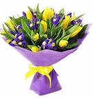 Irises and Yellow Tulips