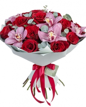 Orchids & Red Roses. 7 sizes bouquets